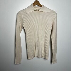 Commense Ribbed Knit Long Sleeve Collared Sweater Cream Off White Woman's Medium